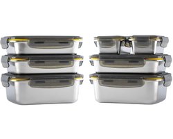 PIKA - Set van 7 roestvrijstalen voedselcontainers - 3 x 820 ml + 2 x 1200 ml + 2 x 260 ml - luchtdicht - geschikt voor magnetron, oven, vriezer - voor het bereiden van porties.