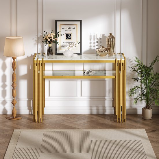 COSTWAY Table Console Effet Marbre - Style Scandinave Géométrique - 100 x 30 x 79 cm (L x l x H) Cadre en Métal Doré - Maison