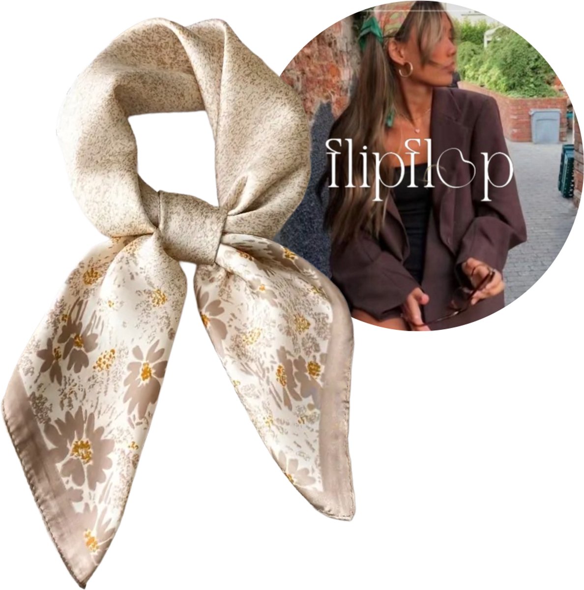 Flipflop Club® Scarf Beige Flowers | Satijnen Hoofdsjaal | Zomer Trend | Festival Head Scarf | Bandana | Headscarf | Headband | Sjaal voor hoofd | Sjaal Haarband | Zijdezacht Beige Sjaaltje