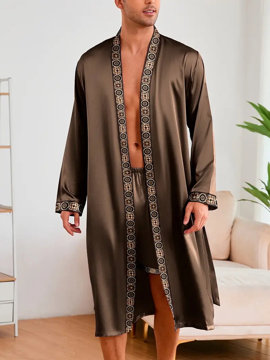 ochtendjas badjas koffiebruin pyjama satijn heren nachtkleding goedkoop huispak comfort mannen glans elastisch lange mouwen korte broek