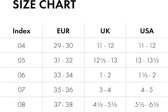 Maattabel met index, EU, UK en US maten voor teensokken.