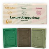 GREEN FADEL (Luxury) Aleppo Zeep Origineel 3-delige Set, Laurier, Oudh & Amber, Jasmijn, Aleppo Zeep Olijfolie & Laurierolie, Olijfoliezeep, Natuurlijke Zeep, Luxury Aleppo Soap, voor Gezicht & Lichaam