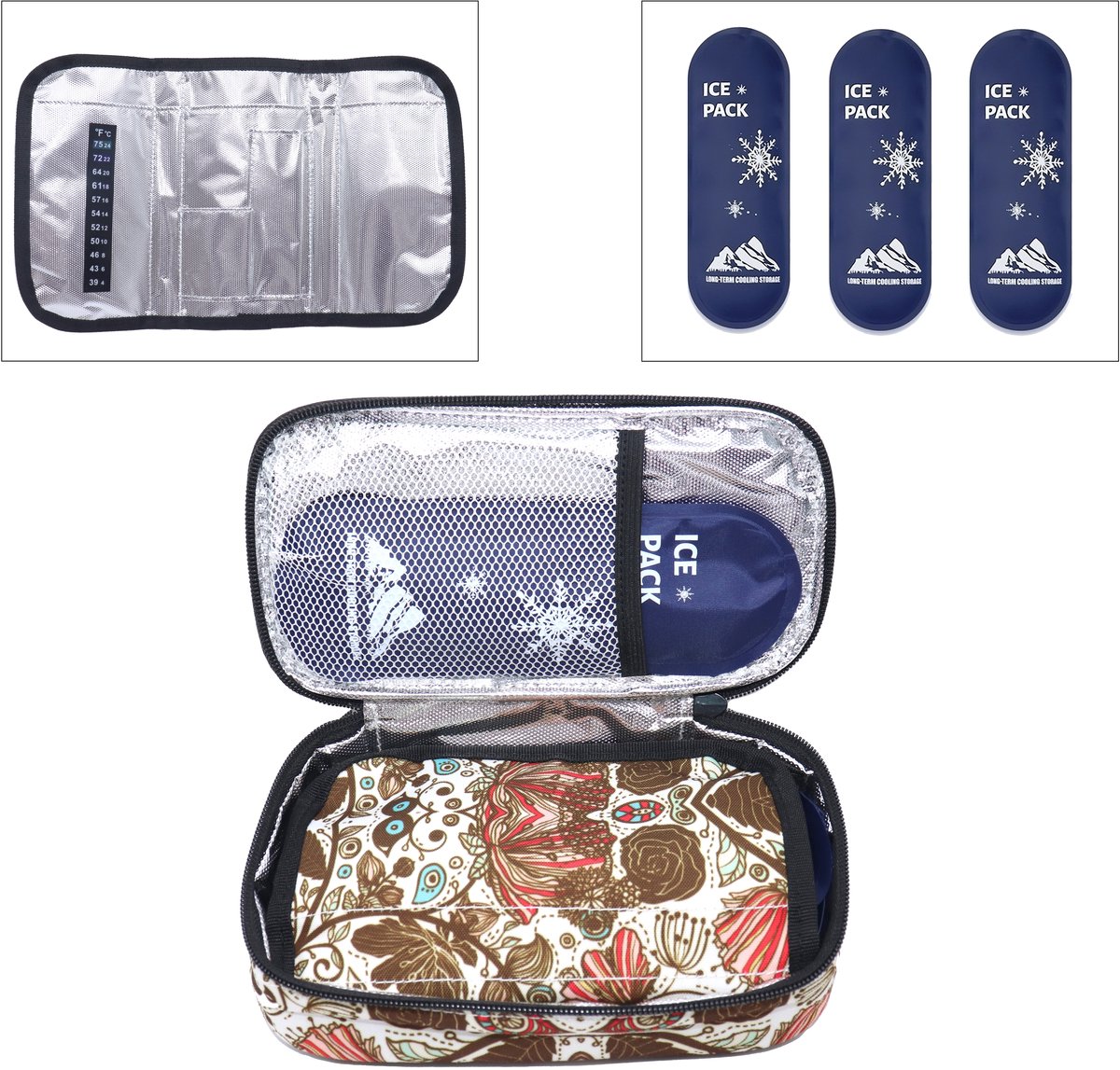 Rainbecom - Insuline Koeltas met Temperatuurstrip - Diabetes Koeltas met 3 Ice Packs - 21x6x11cm - Diabetische Reistas - Insuline Etui - Insulinepennen - Medische Koeltas voor Insulinespuit - Draagbare - Floral Mocha