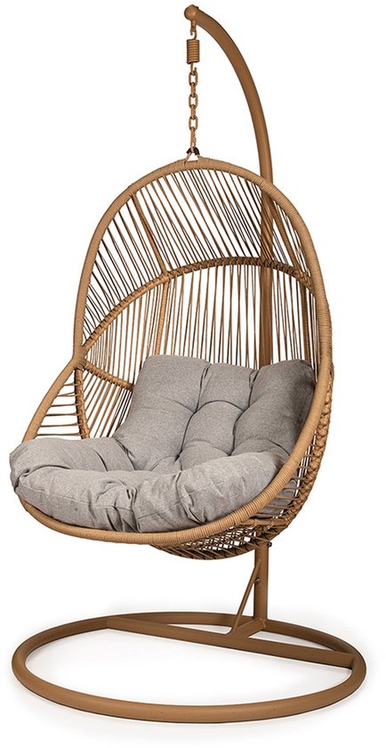 Ogarden Hangstoel Havana– Egg Chair met Bruin Standaard – Grijs Kussen – Voor Binnen & Buiten
