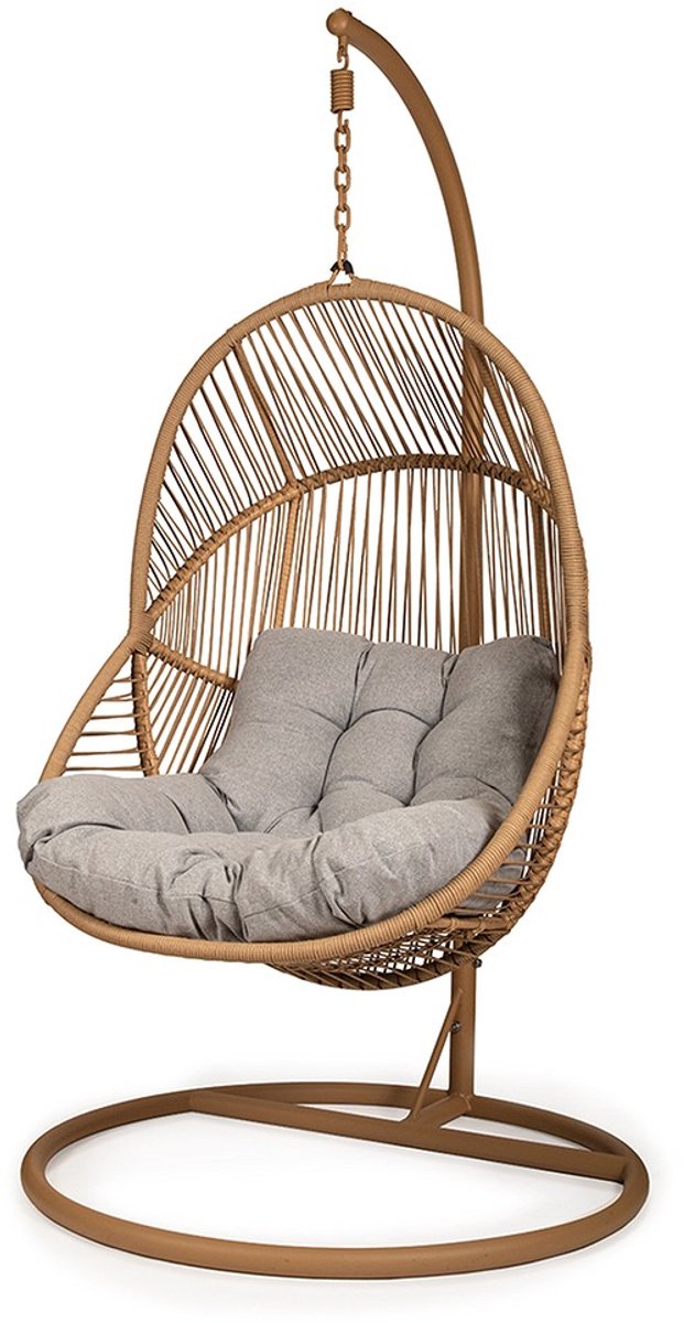 Ogarden Hangstoel Havana– Egg Chair met Bruin Standaard – Grijs Kussen – Voor Binnen & Buiten