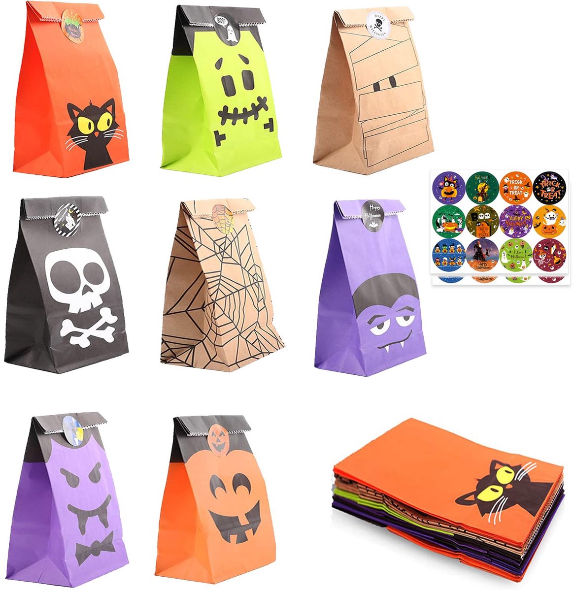 Ibenzoa® Halloween Feestelijke Snoep- en Geschenkzakjes Set met Stickers voor Verschillende Gelegenheden, 24 Stuks