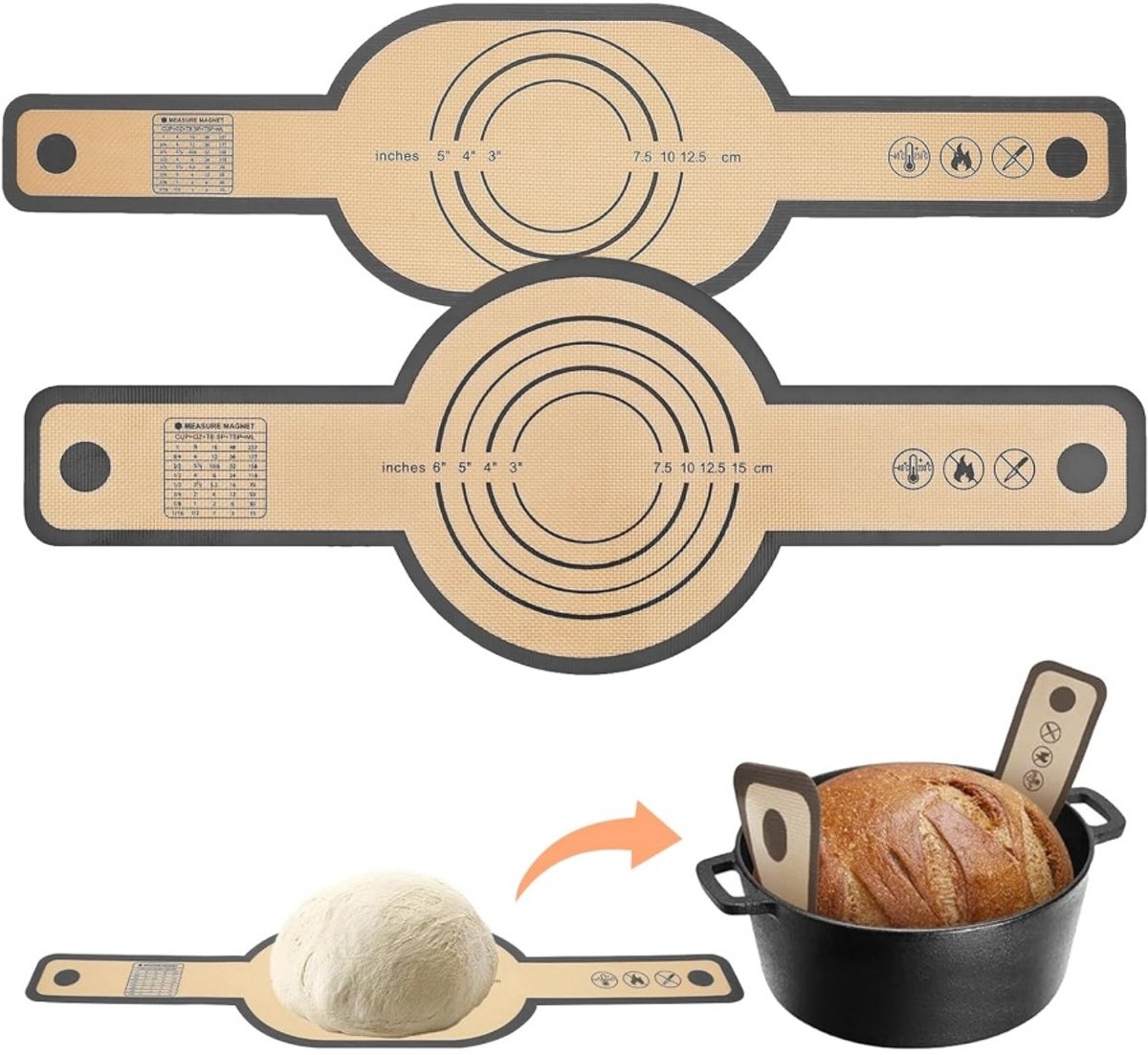 Daity Siliconen broodmat, herbruikbare bakmat met lange steel, gemakkelijk om brood stabiel over te brengen, hittebestendige beschermmat, geschikt voor de oven（2-pack）