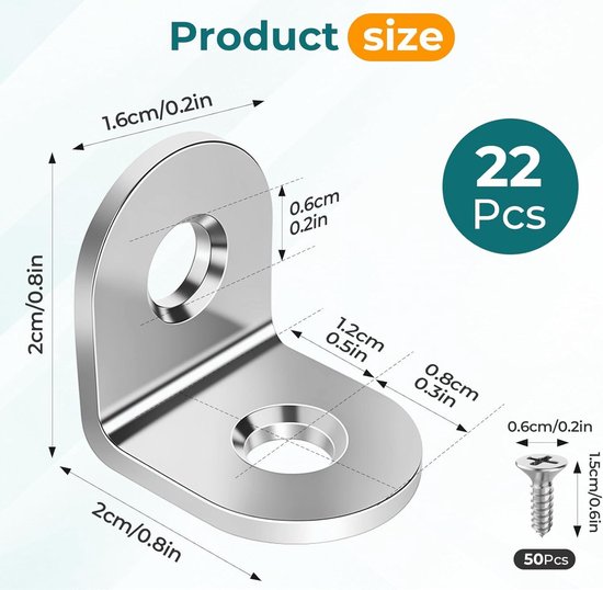 Allecto Plus - Connecteurs d'angle 20 x 20 mm 22 pièces coins en acier inoxydable - Forme en L 90 degrés - Angle de montage pour meubles en bois - Y compris 48 vis - Tables, chaises, équerre d'angle de fenêtre