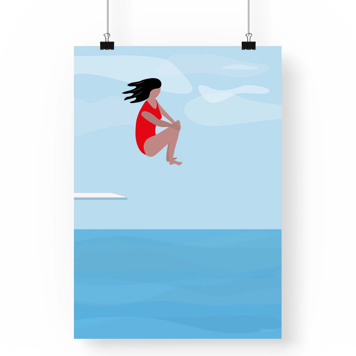 Artprint Bommetje - A4 formaat - minimalistische illustratie - Poster zwemmer in rood badpak