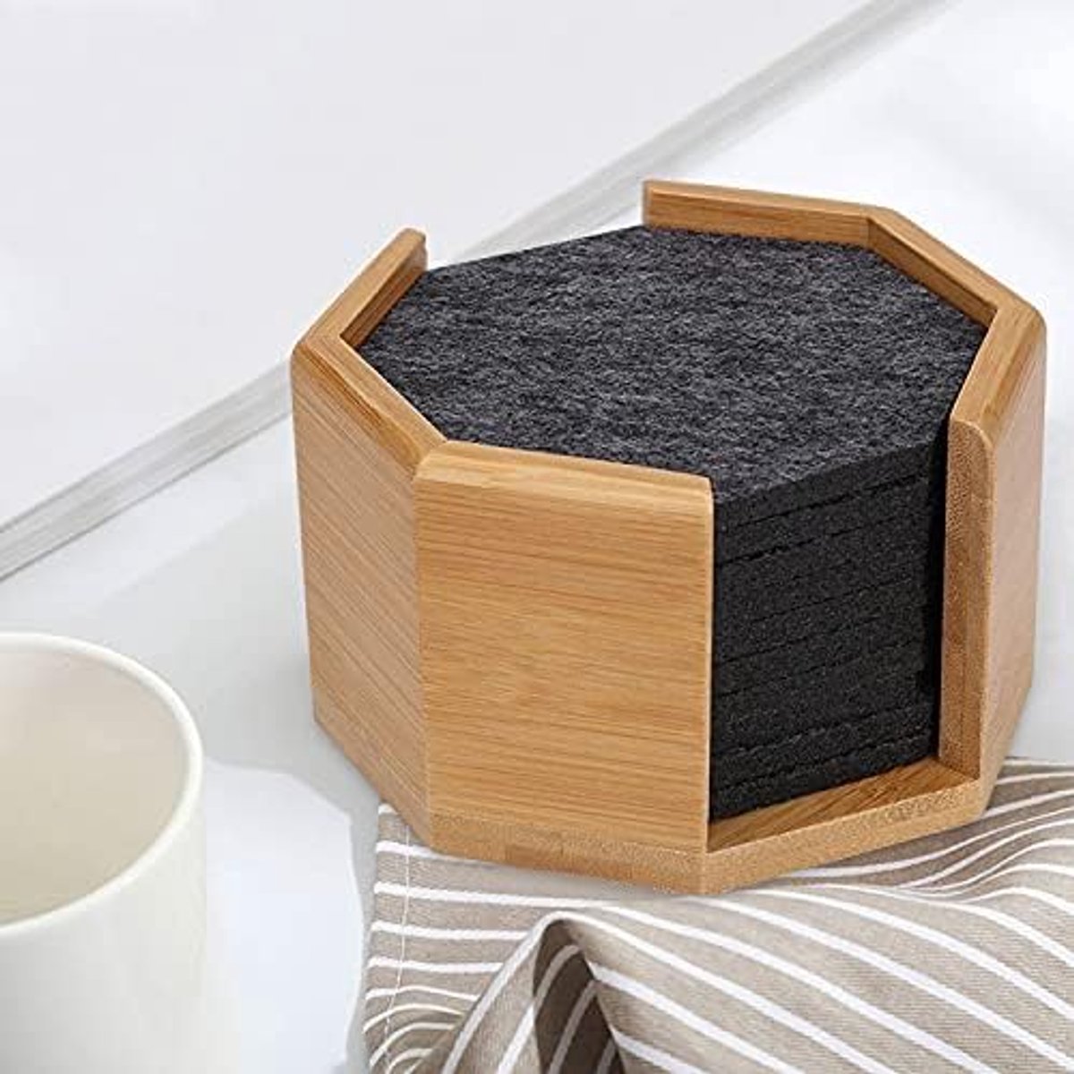 Hexagon vilten onderzetters - waterafstotend - set van 10 - antraciet - inclusief bamboe box