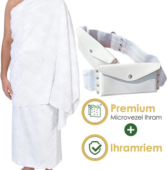Ihram kleding + ihram riem voor Umrah en Hadj – Ihram pakket - Tweedelig Ihraam van 1200 gram – Verfijnde Microvezel – Ihram belt – 3 grote veiligheidsspelden