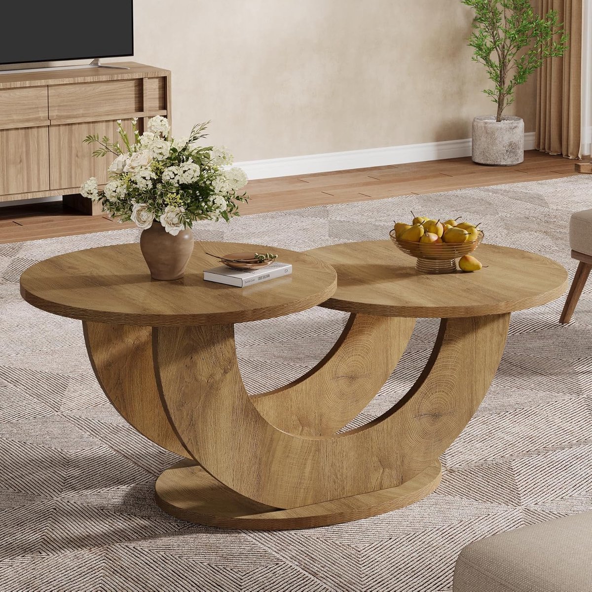 Tribesigns Ronde Salontafel - 115×60×50 CM - Boerderij 2 Tier salontafel met U-vormig frame - Natuurlijk - Voor Woonkamers, Thuiskantoor