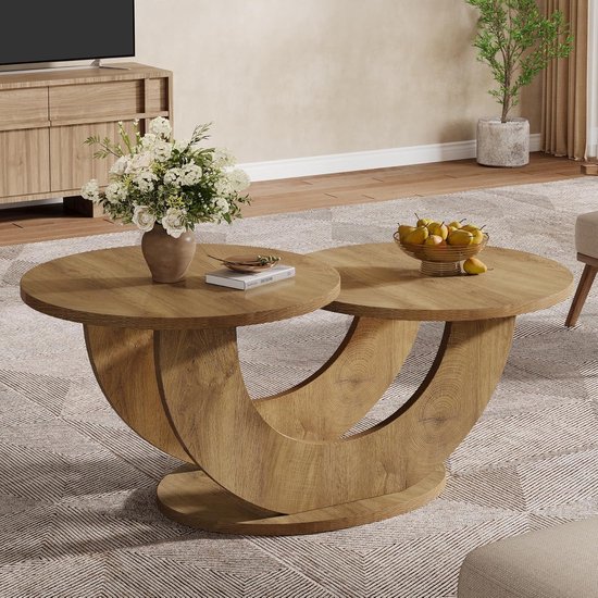 Ronde salontafel met houten nerf en U-vormig onderstel, met bloemen en peren.
