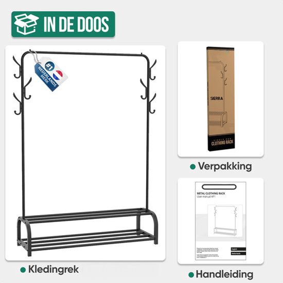 Sierra Industrieel Kledingrek Enkele Stang - Metaal - 110x33x155 CM - Zwart - Opbergruimte Voor Schoenen - Garderoberek Met Haken