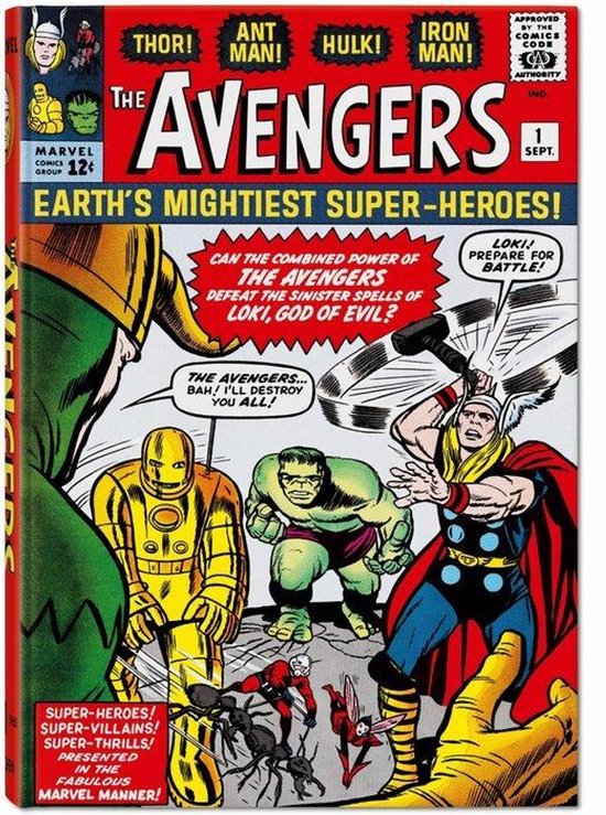 Het Avengers stripboek met Thor, Ant-Man, Hulk, Iron Man en Loki op de cover. Tekst: 'Earth's Mightiest Super-Heroes!'