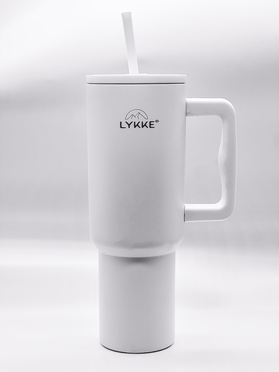 LYKKE® Tumbler, Thermos Beker RVS drielaags geïsoleerde reisbeker met Lekvrij deksel, rietje en handvat, BPA-vrij, 40 oz, 1,2 L, (Heaven White)