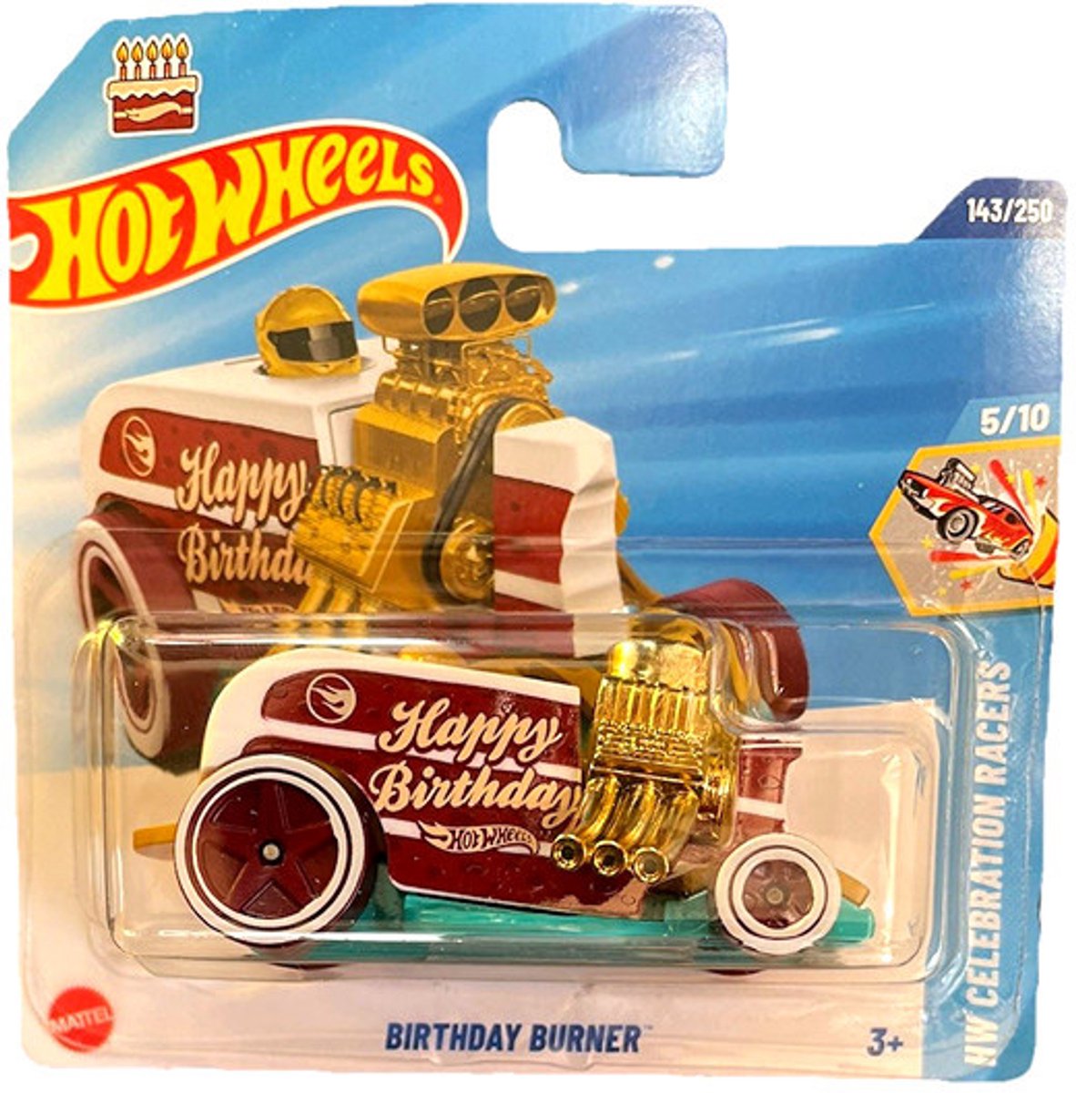 HOT WHEELS HAPPY BIRTH DAY BURNER RED GOLD 143/250 HW CELEBRATION RACERS 5/10 SHORT CARD 1:64