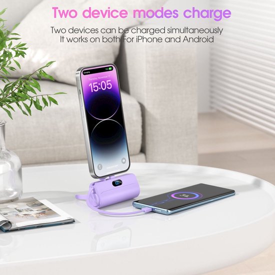 Sounix mini Powerbank avec Lampe de Poche - 5 000 mAh - Powerbank iPhone 12/13/14/15 - Lightning/USB-C - Chargeur rapide & affichage LED de la batterie - 12 Watt - Violet