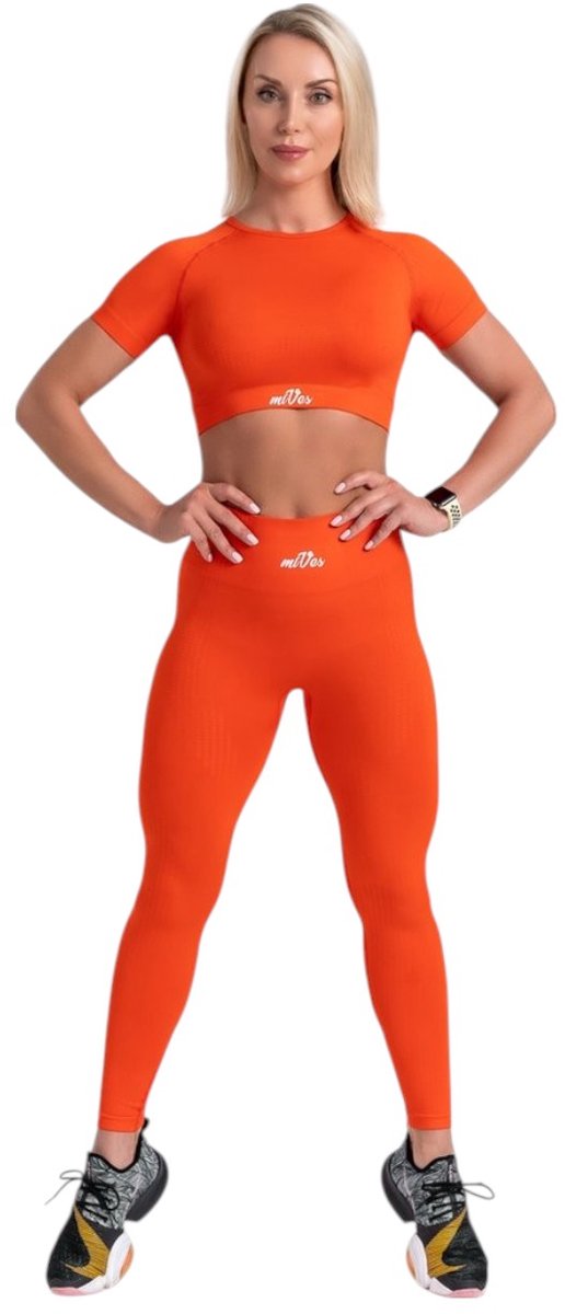 Mives® Sportlegging en Top - Yoga - Fitness set - Scrunch Butt - Dames Legging - Sportkleding - Fashion - Sport Broeken - Gym Sports - Fitness Wear - High Waist - ORANJE- maat S - KORTE MOUWEN