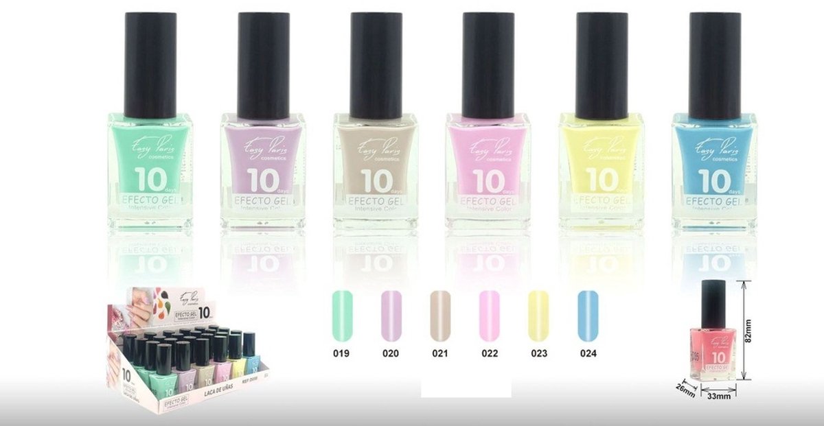 Easy Paris Cosmetics - Set met 6 Flesjes Pastel Nagellak - Groen - Lila - Beige - Roze - Geel - Blauw - Inhoud per flesje 15 ml. - Nummer B04