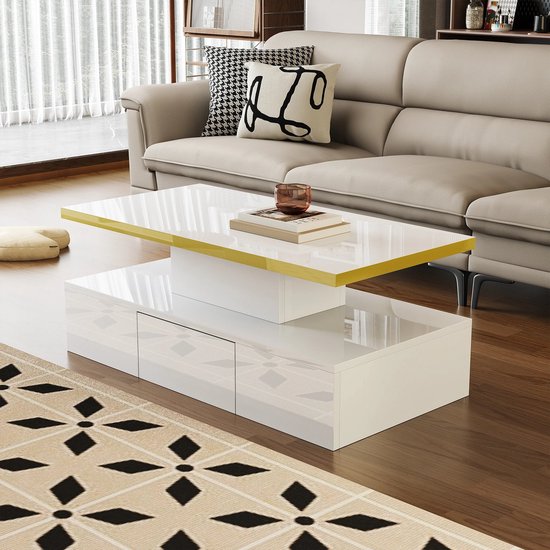 Oceanside Salontafel, Salontafel Met Verhoogd Blad, Lage Woonkamertafel 100x50h45 56 Cm Wit En Beton Oceanside Salontafel, Salontafel Met Verhoogd Blad, Lage Woonkamertafel 100x50h45 56 Cm Wit En Beton