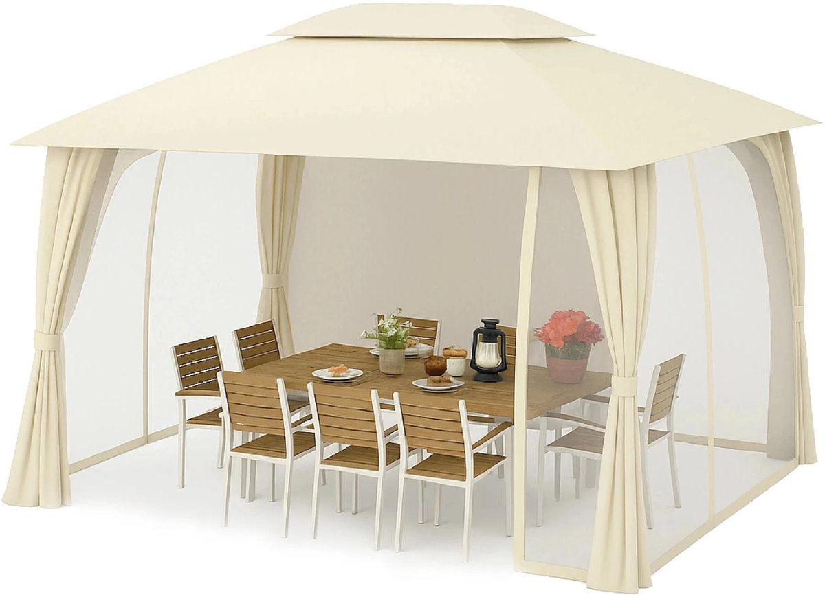 Luxe Paviljoen 3x4m - Cape May Beige - Zeer Stevige Staanders - Inclusief Insectennet & Zijwanden
