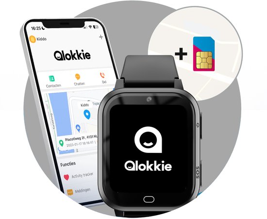 Qlokkie Kiddo Next - GPS horloge kind - Smartwatch kinderen - GPS tracker kind met nauwkeurige locatiebepaling - GPS horloge kind met simkaart - Stel veilige zones in - SOS functie - Whatsapp - Zwart
