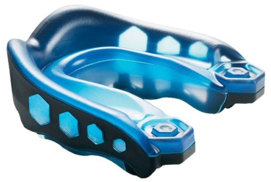 Blauw-zwarte mondbeschermer met hexagonale openingen.