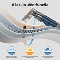 Illustratie die de spuiten, schrobben en zuigen functies van de vlekkenreiniger toont.