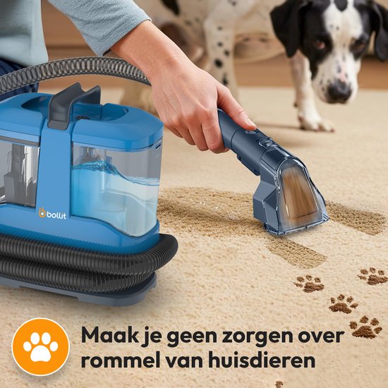 Blauwe vlekkenreiniger die pootafdrukken van een hond op een lichtgekleed tapijt verwijdert.