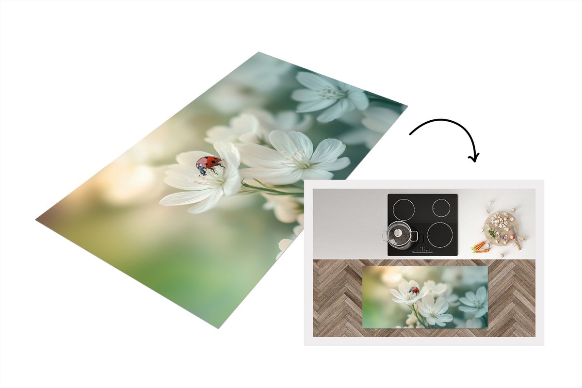 KitchenYeah Keukenloper 120x60 cm - Keukenmat vinyl Lieveheersbeestje - Bloemen - Wit - Keukenmatten loper - Keuken vloerkleed tapijt