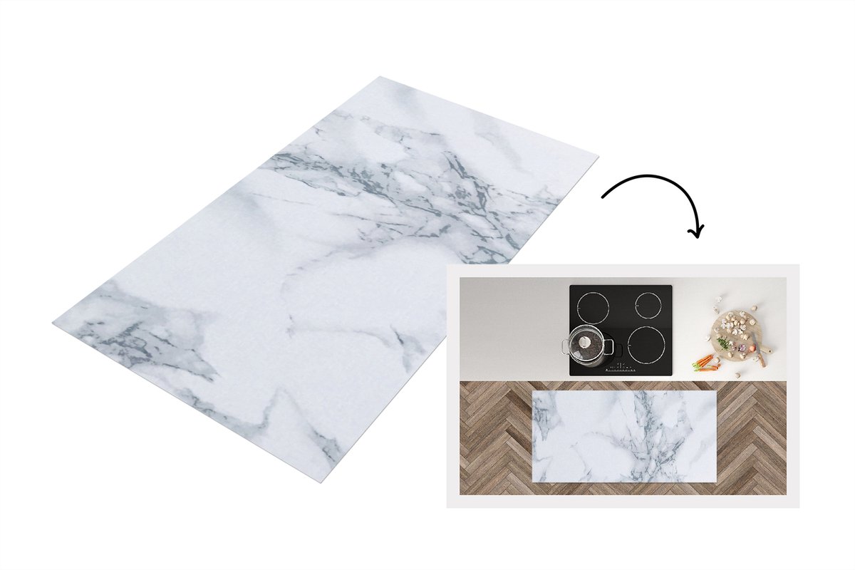 KitchenYeah Keukenloper 120x60 cm - Keukenmat vinyl Marmer - Patroon - Gijs - Wit - Marmerlook - Luxe - Keukenmatten loper - Keuken vloerkleed tapijt