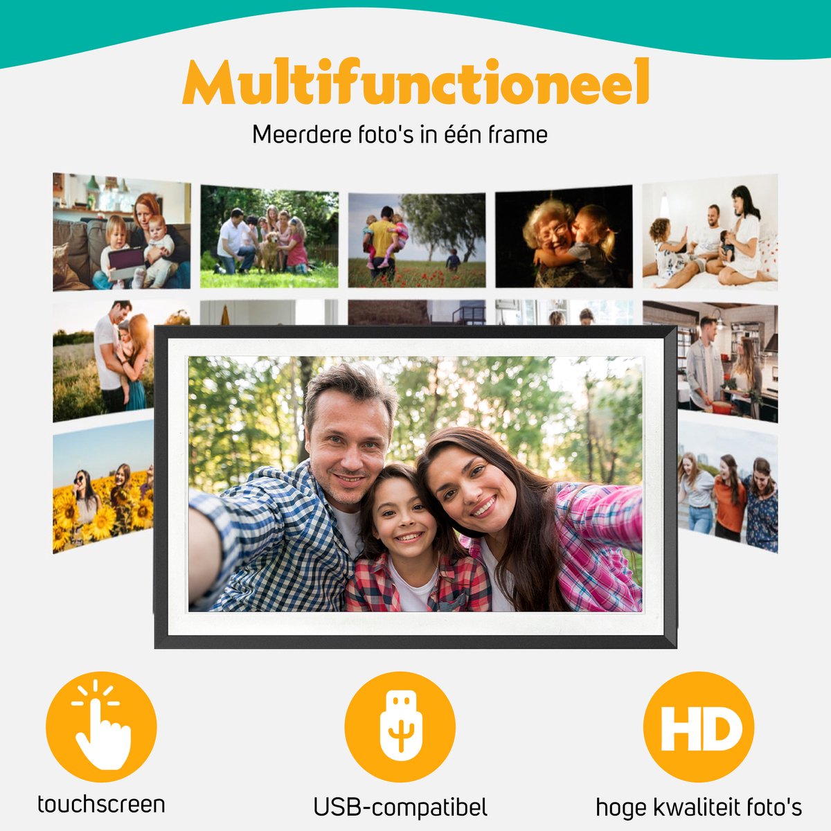 Pora&Co - Digitale fotolijst met WiFi en Frameo App - 15.6 inch - Pora – HD+ -IPS Display – Zwart hout - Micro SD – Touchscreen thumbnail 3
