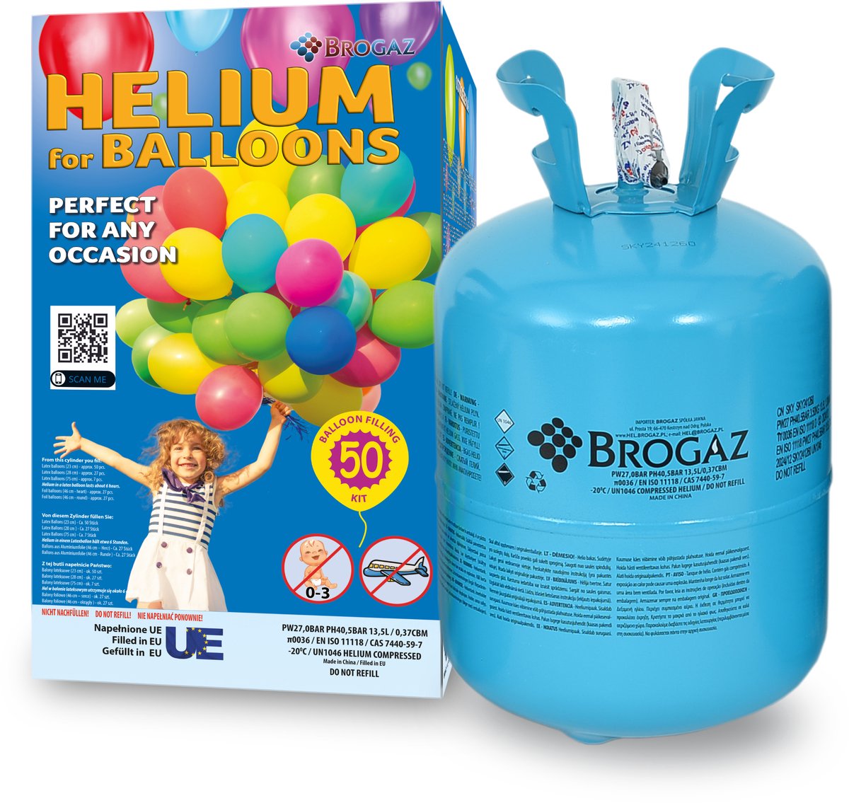 Brogaz-HeliumTank voor ballonnen - max 50 ballonnen afmeting 22,9 cm 9" inch-heliumtank - helium voor ballonnen