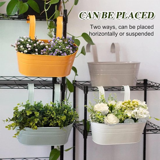 KINGLAKE 10 stuks 10 cm bloempotten om op te hangen, zwarte metalen bloempot, grote hangpot met afneembare haak en gat, voor balkon, hekken, ramen, balustrades