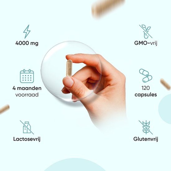 Hand die een WeightWorld Iers Zeemos capsule vasthoudt, omringd door icoontjes voor 4000 mg, 4 maanden voorraad, GMO-vrij, 120 capsules, glutenvrij, lactosevrij.