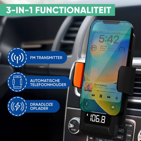 Telefoonhouder in een auto met een iPhone erop. Iconen voor FM Transmitter, automatische telefoonhouder en draadloze oplader.