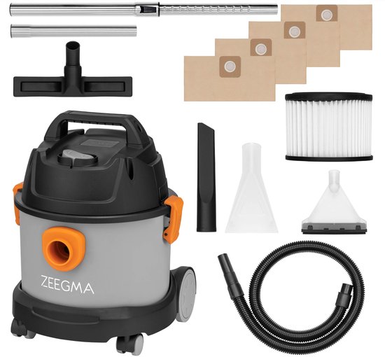 Zeegma Pro Compact – Stofzuiger / Bouwstofzuiger / Waterstofzuiger / Tapijtreiniger – Met en zonder zak – 4 x Stofzuigerzakken inbegrepen – Natte reiniging en wateropzuiging – HEPA + waterfilter – 1000W – 6L – Blaasfunctie – Voor auto, garage, woning