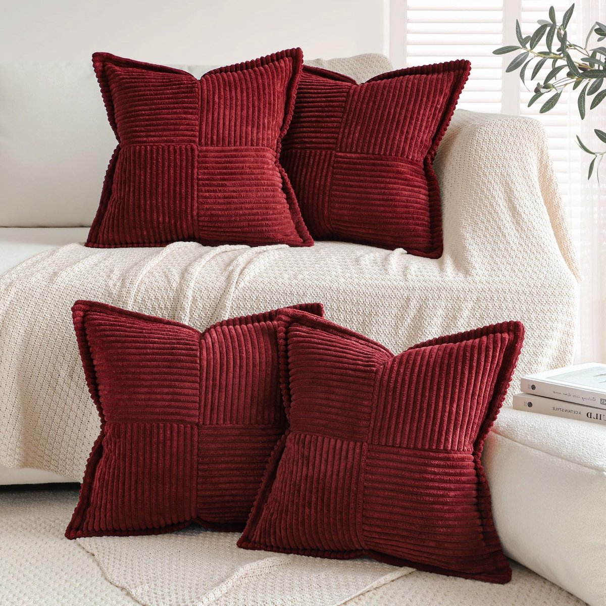 Ibenzoa Set van 4 Luxe Corduroy Kussenslopen voor Stijlvolle Woonkamer- en Slaapkamerdecoratie wijnrood