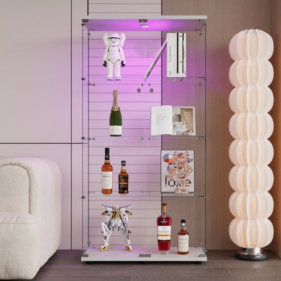 Glazen vitrinekast met LED, moderne vitrinekast met 2 deuren en 4 legborden van ESG-glas, verzamelvitrine voor de bar, de woonkamer, 164 x 80 x 36 cm, wit