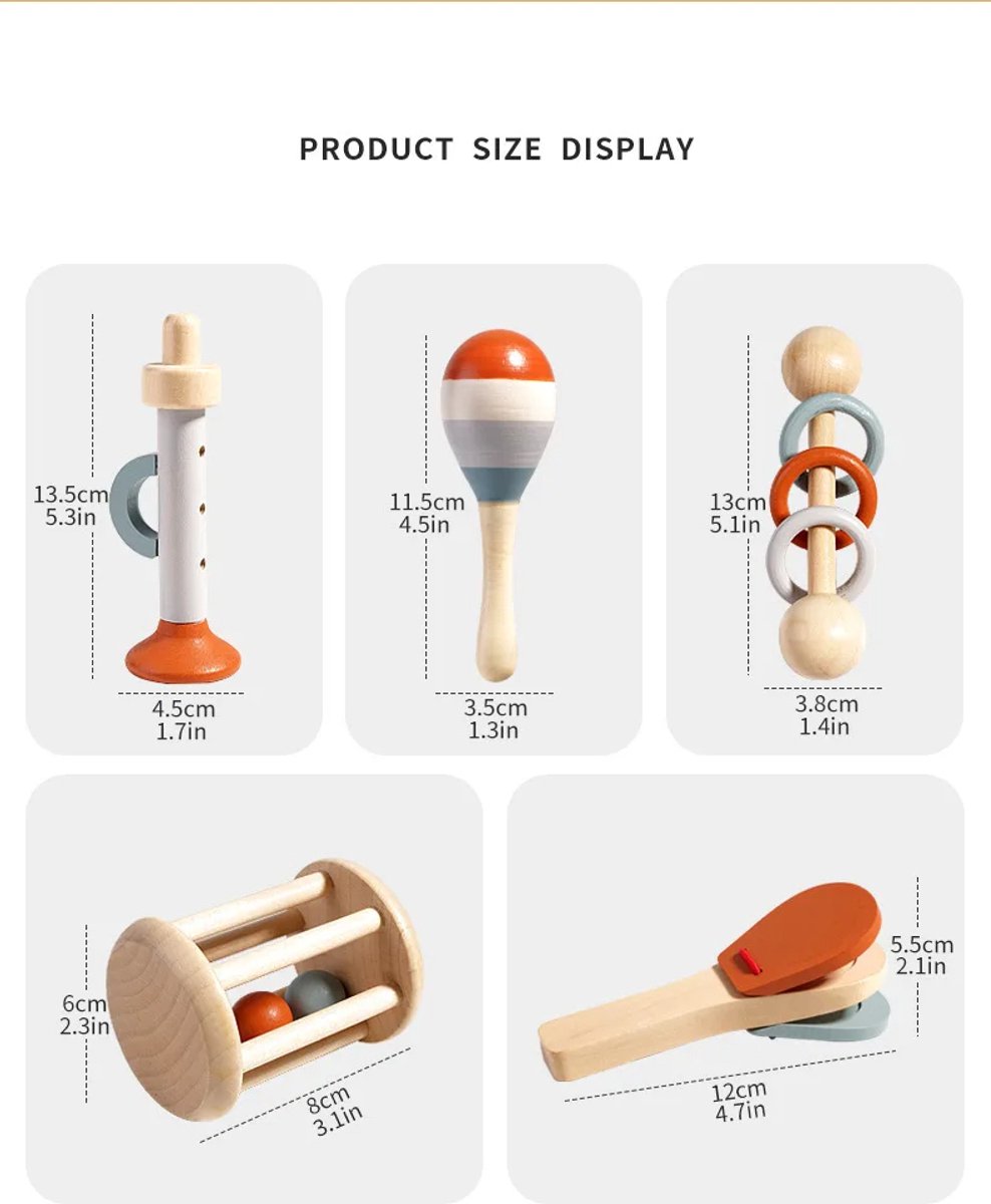 IntelliKids – Houten Muziekinstrumenten Set voor Kinderen | 5-delige Montessori Muziekset | Educatief Houten Speelgoed | Muziekspeelgoed Peuters & Kleuters — afbeelding 5