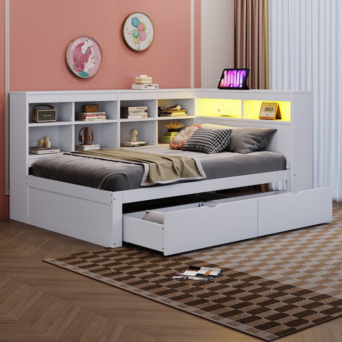 HAUSS SPOLE Slaapbank 90x200 cm - Multifunctioneel Eenpersoonsbed Met USB En Stopcontact - Grenen - Wit