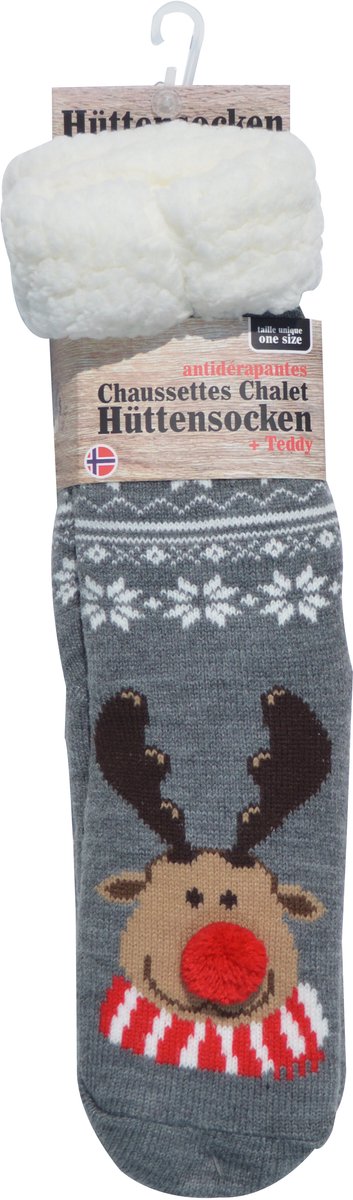 Kerst sokken - Happy Holidays - warme huttensocken mét anti slip - onze size - GRIJS MET RENDIER