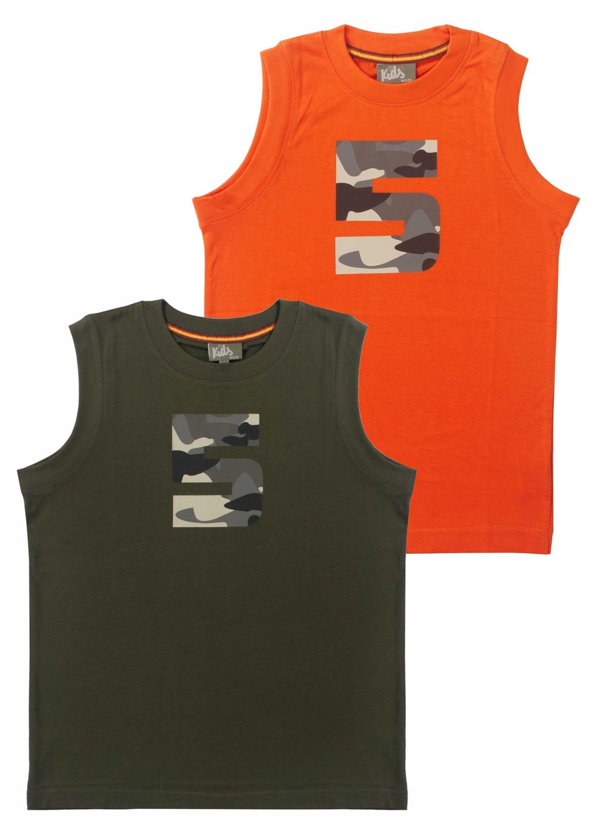Per twee singlet, korte mouw jongens shirt uit onze Active Wear Collectie-Khaki groen en Oranje maat 164