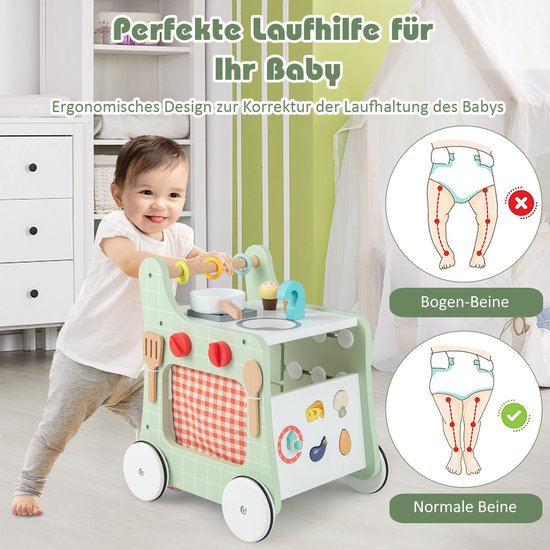 COSTWAY 6-in-1 loophulp van hout, loopwagen met speelkeuken, leerklok, vormaanpassing en beweegbare schuiver, educatief speelgoed, activiteitencentrum met wielen, voor kinderen vanaf 1 jaar — afbeelding 4