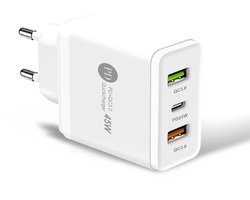 45W USB Oplader met USB-C PD25W + 2X QC3.0 Snellaadpoorten Adapter Lader - Snellader - geschikt voor telefoons, tablets etc. - wit