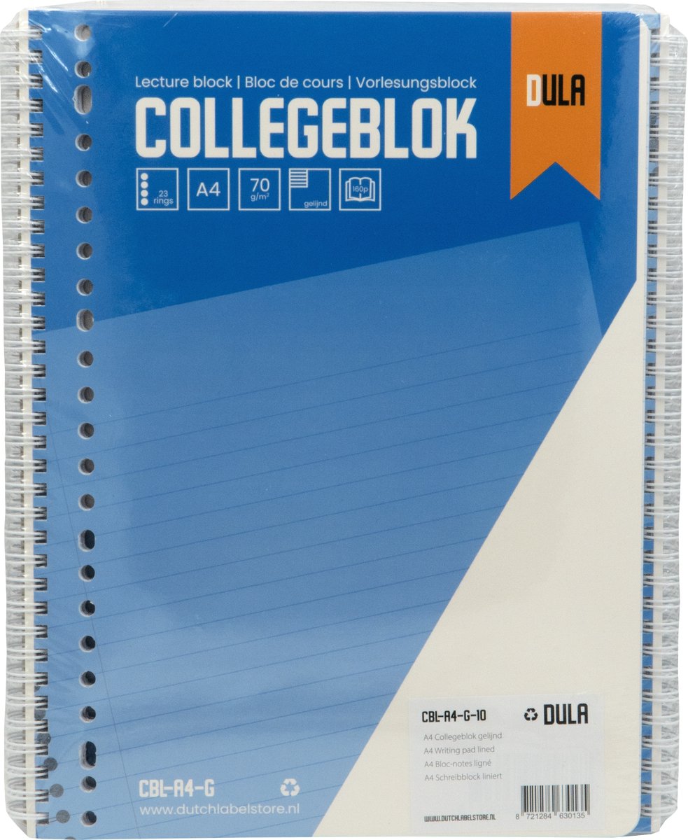 Collegeblok A4 formaat met lijn 160 vel - Spiraalblok gelinieerd - 70 grams papier schrijfblok - 10 stuks - DULA