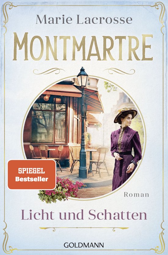 Couverture de livre avec une femme en robe violette devant un café parisien. 'SPIEGEL Bestseller'.