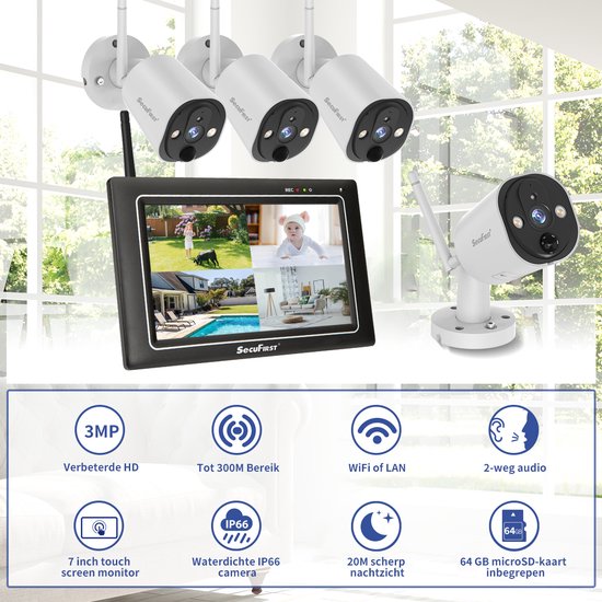 SecuFirst CWL401W/2 Draadloze 3 megapixel Beveiligingscamera met monitor - 7 inch touchscreen + 2 camera's - Wit - Gratis app van SecuFirst — afbeelding 4
