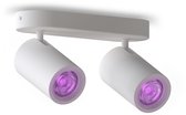 Witte, ovale opbouwspot met twee spots die paars licht uitstralen op een zwarte achtergrond.